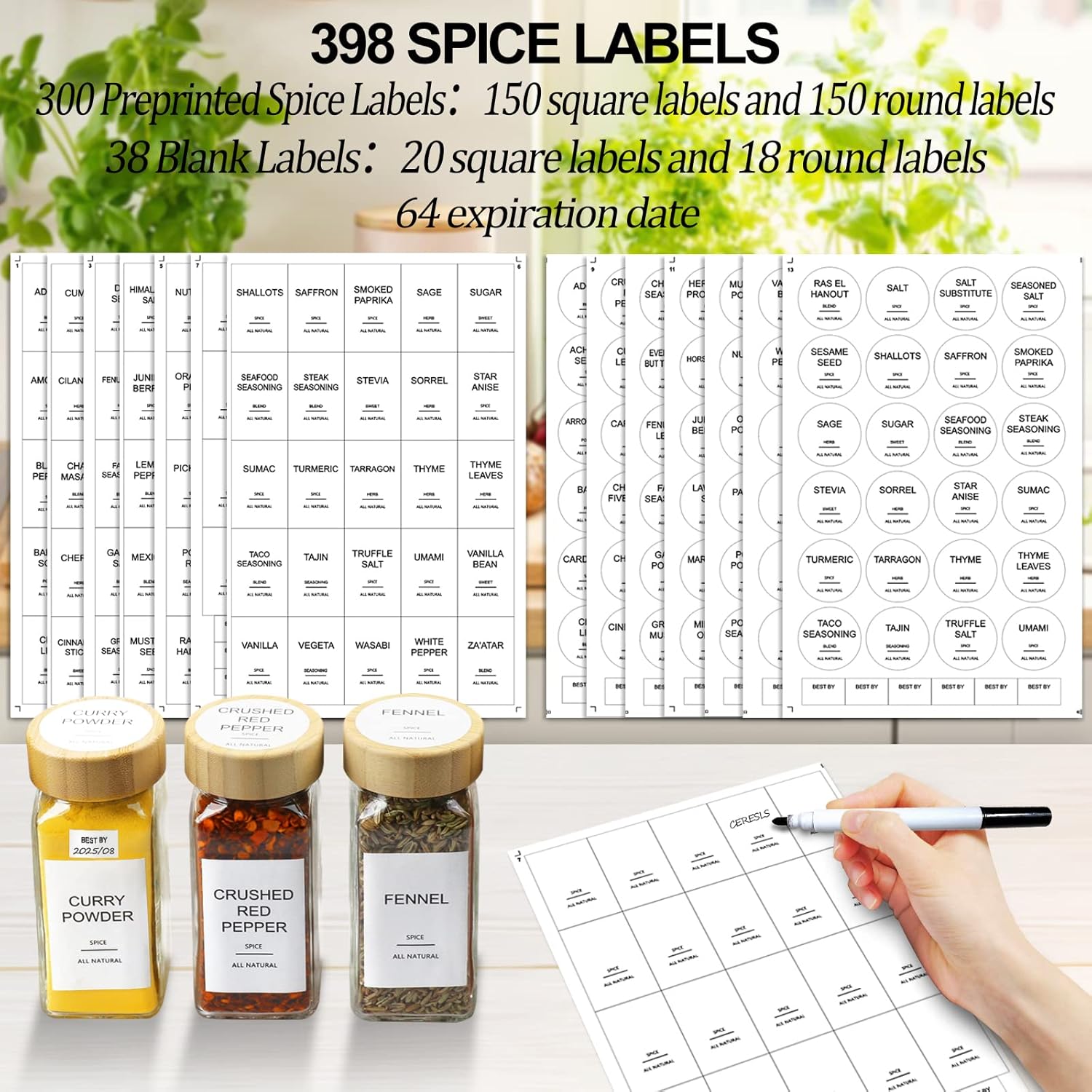 AISIPRIN Glass Spice Jars with 398 Labels, 24 pcs 4oz Spice Containers with Bamboo Lids, Square