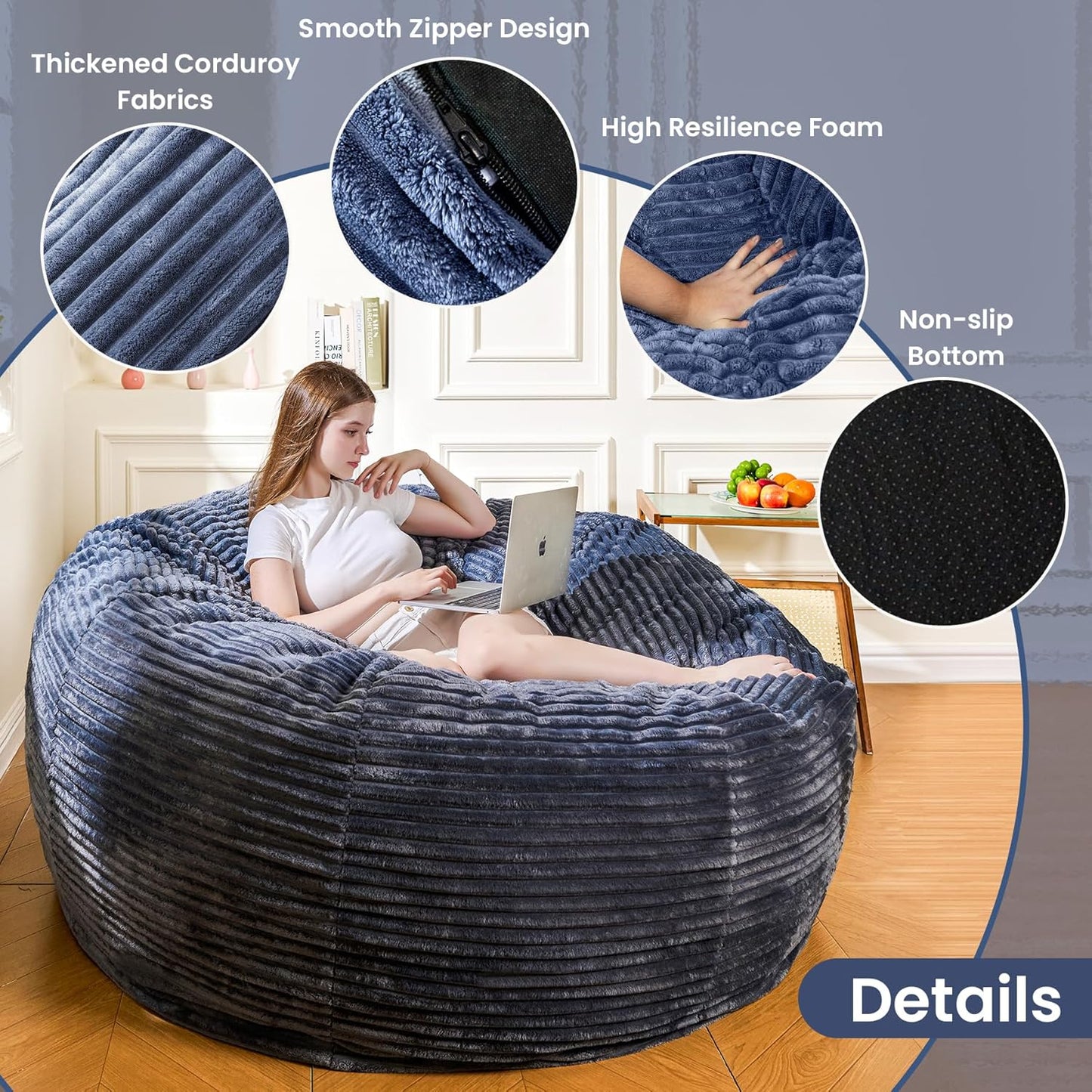 Large Bean Bag Chair, 5FT Giant Beanbag Chairs with Memory Foam Filled, Bean Bag Chairs for Adults