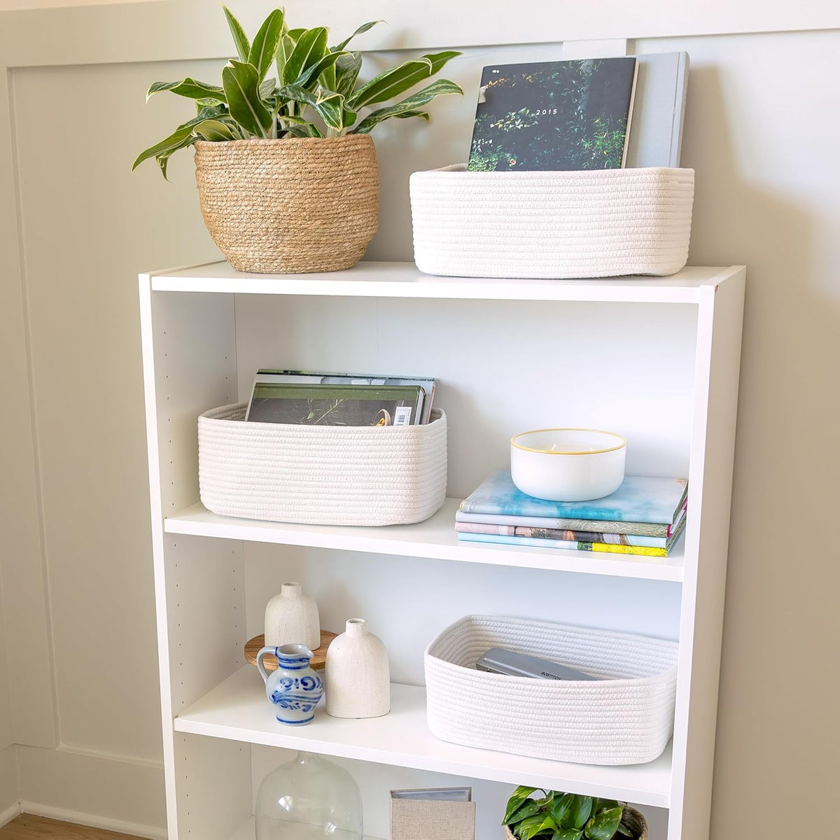 NaturalCozy 13.5”x8.5”x5.5” Storage Baskets for Shelves 3 Pack | Cotton Rope Woven Small Baskets