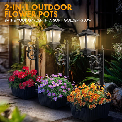 Solar Lamp Post Light with Planter, 2 in 1 Outdoor Flower Pots, Wall Mount or Freestanding