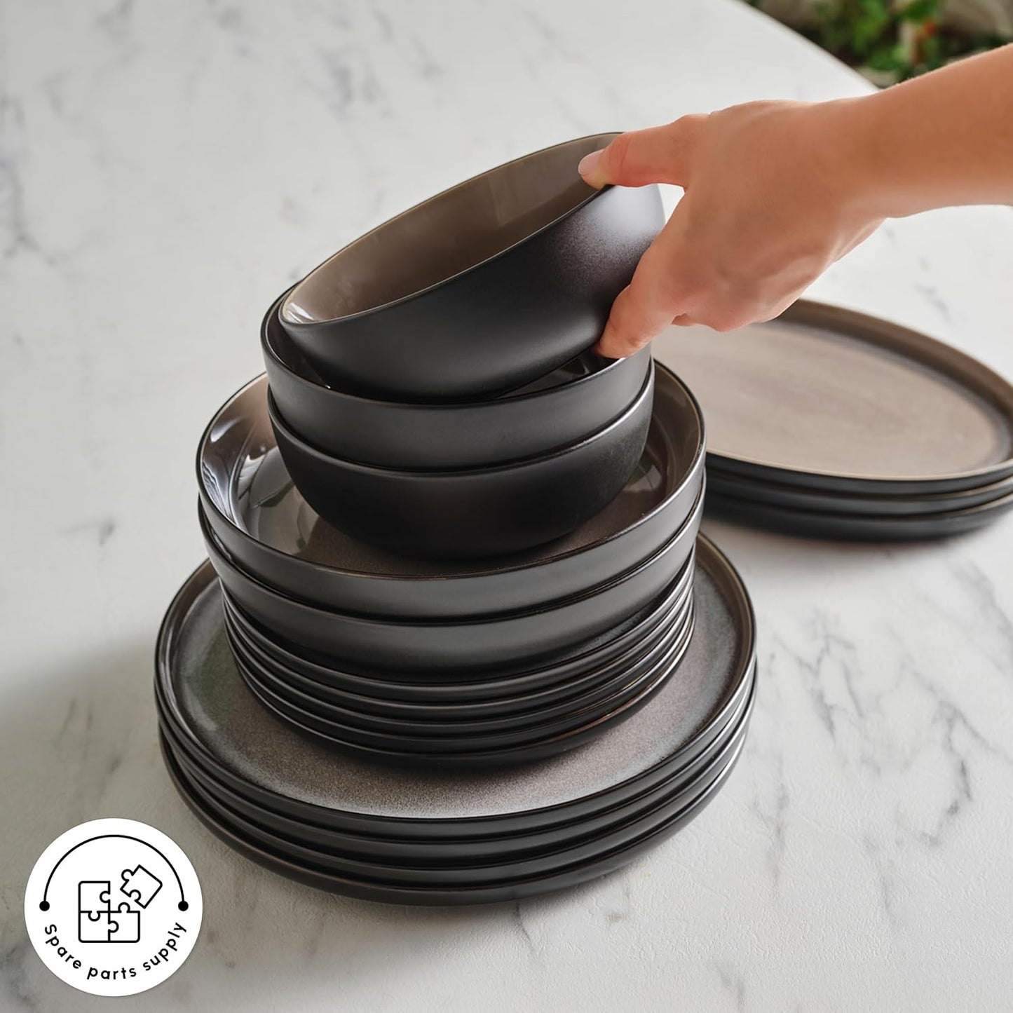 Karaca Mercure 59 Piece Stoneware Plates and Bowls Set, Reactive Glaze Black Dinner Set, Complete