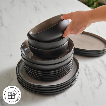 Karaca Mercure 59 Piece Stoneware Plates and Bowls Set, Reactive Glaze Black Dinner Set, Complete