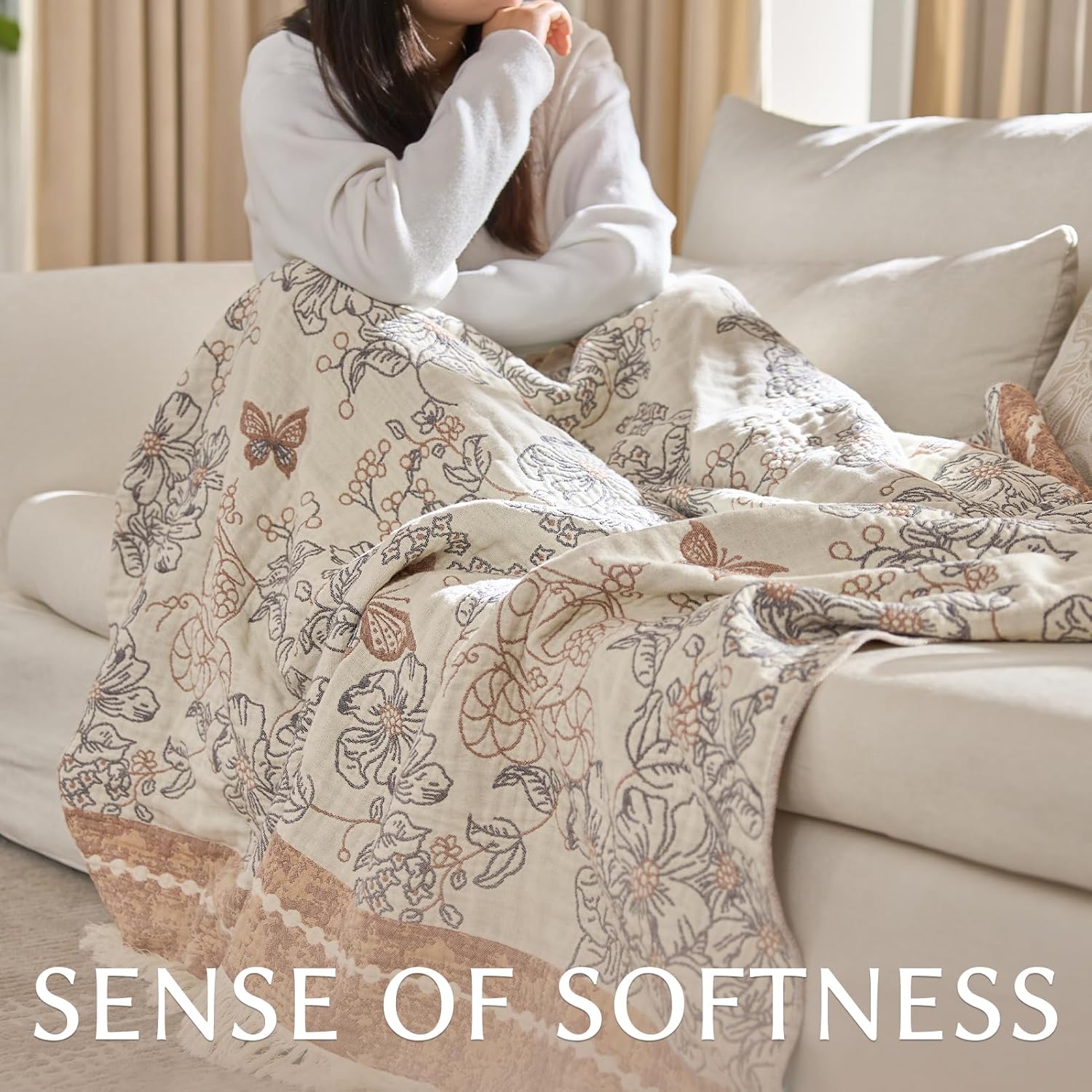JINCHAN Boho Floral 100% Cotton Blanket 4-Layer Throw Blanket with Tassel Taupe and White Flower