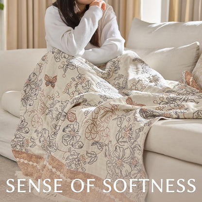 JINCHAN Boho Floral 100% Cotton Blanket 4-Layer Throw Blanket with Tassel Taupe and White Flower