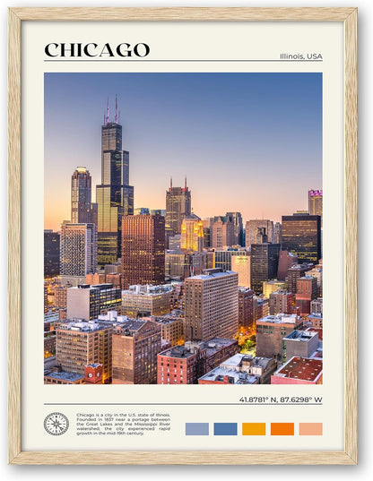 HesenDot Natural OAK Wood Chicago Cityscape Framed Wall Art,12x16in City Skyline Canvas Wall