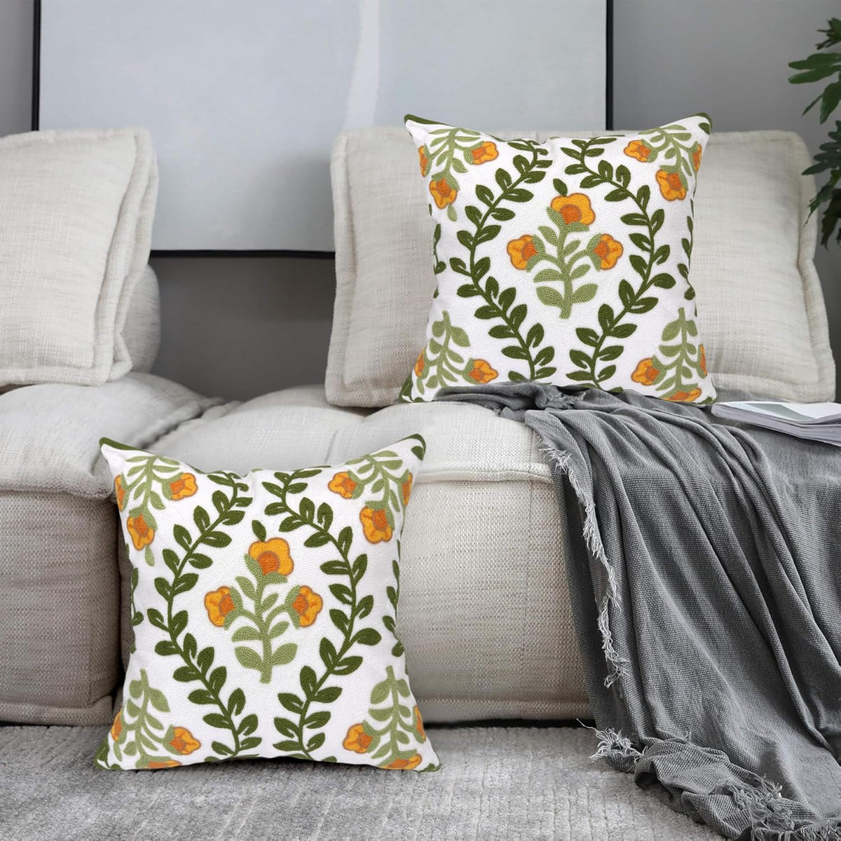Alysheer Floral Embroidered Summer Decorative Throw Pillow Covers 18"x 18" Set of 2, Farmhouse