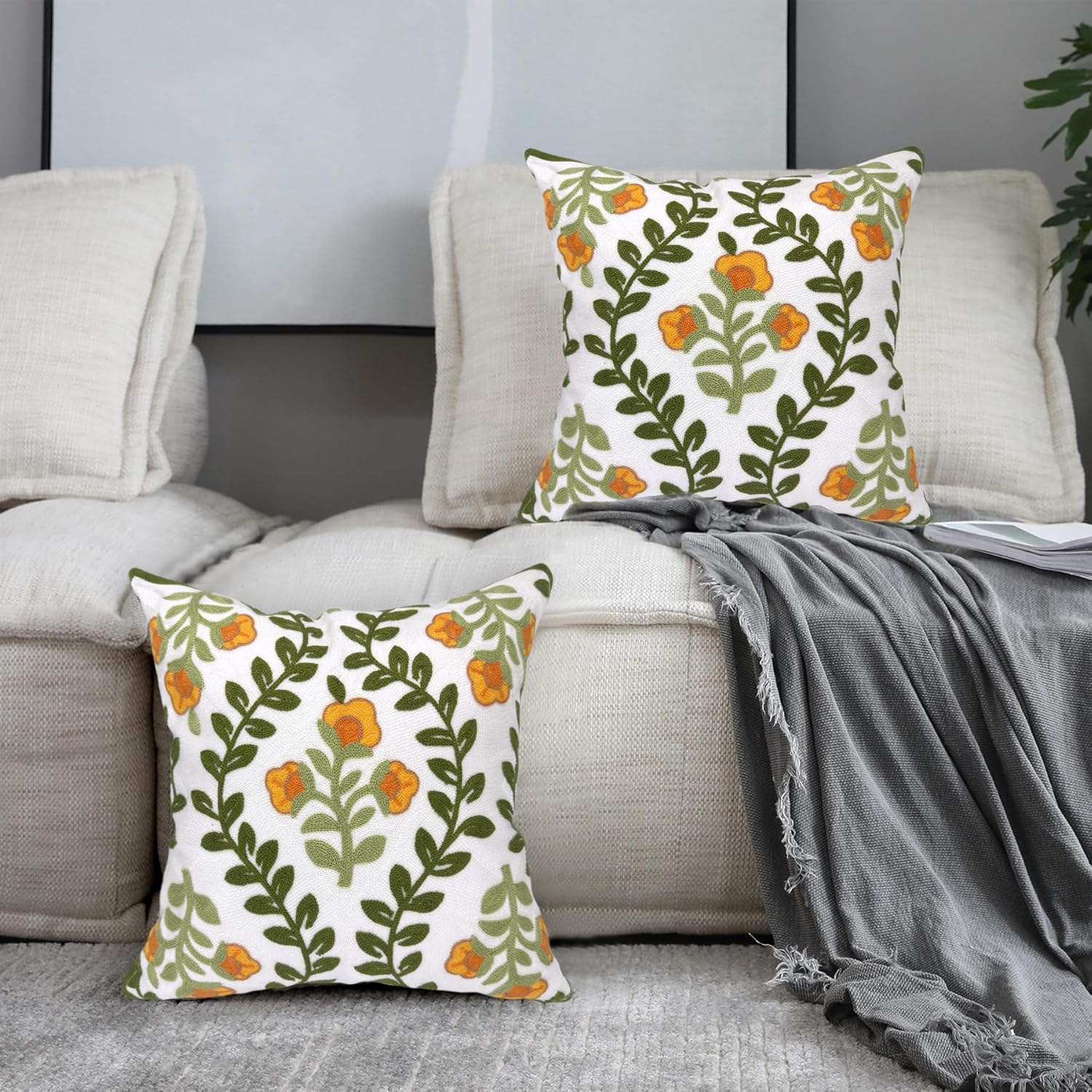 Alysheer Floral Embroidered Summer Decorative Throw Pillow Covers 18"x 18" Set of 2, Farmhouse