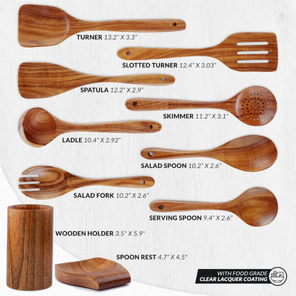 Zulay Kitchen 10-Piece Wooden Spoons for Cooking - Smooth Finish Teak Wooden Utensils for Cooking