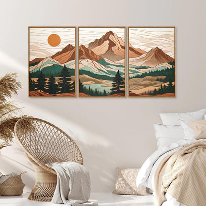 Tinonedraw Mountain Framed Canvas Wall Art Set of 3, Sunrise Forest Woodland Landscape Art Prints