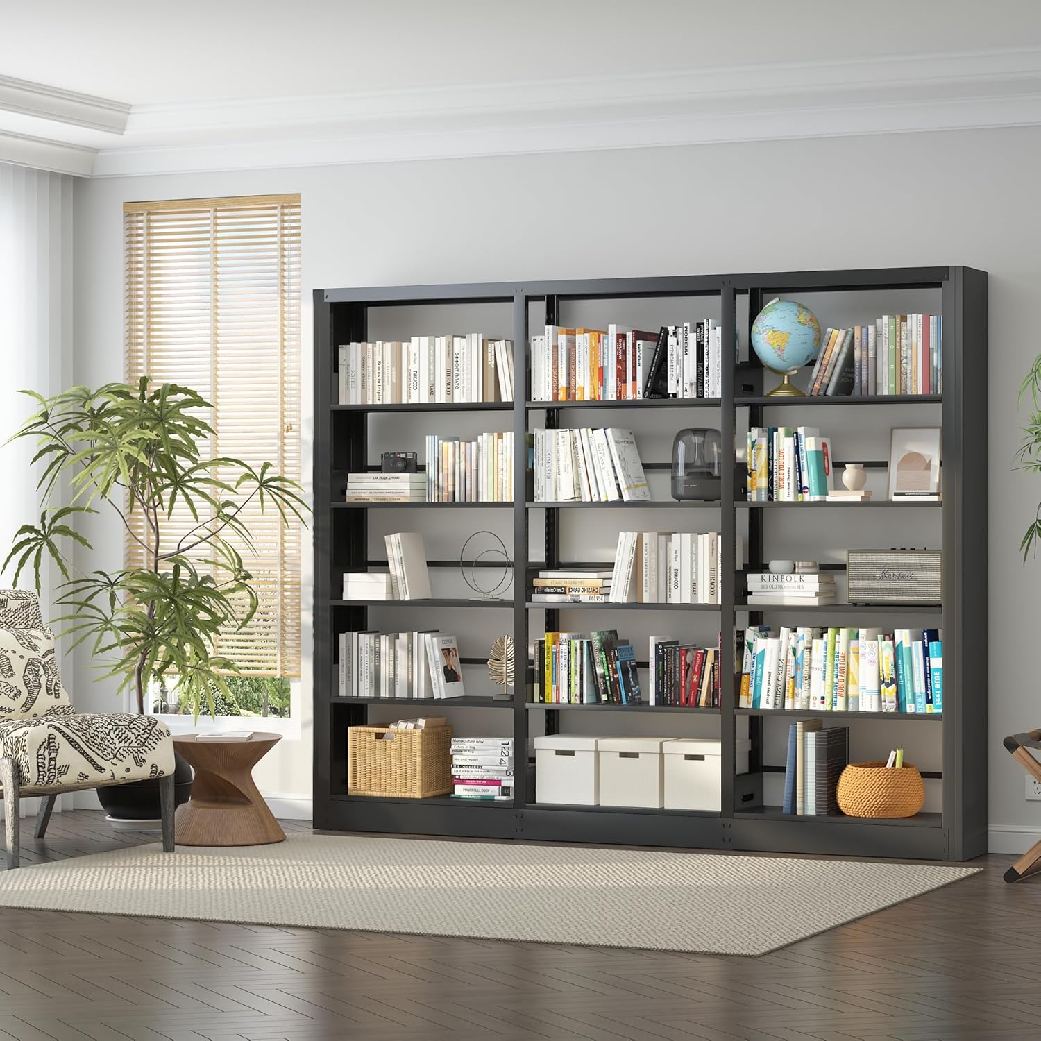5-Tier Industrial Bookshelf, Black Bookcases and Bookshelves,Tall Metal Book Shelf Storage