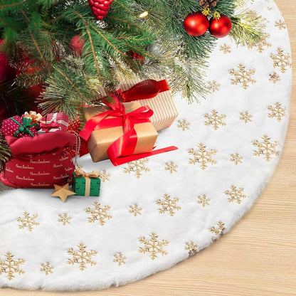 Christmas Tree Skirt, 48 Inch White Luxury Faux Fur & Gold Sequin Snowflakes, 4ft Xmas Tree Skirt