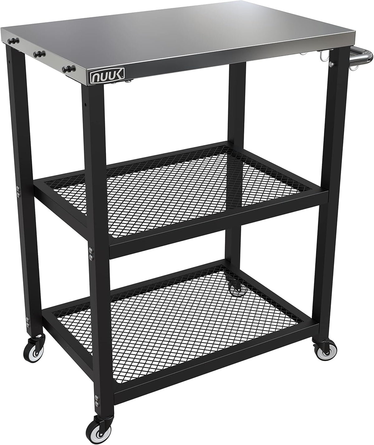 NUUK Three-Shelf Rolling Outdoor Dining Cart Table, 16" x 24" Stainless Steel Commercial