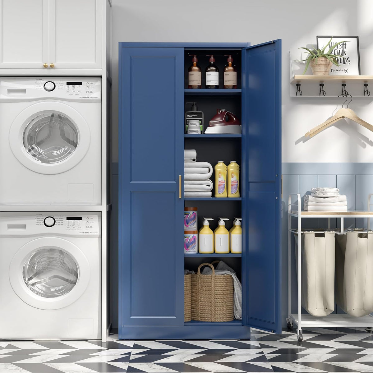 Kitchen Pantry Cabinet,71”Blue Metal Pantry Storage Cabinets with Doors and 4 Adjustable