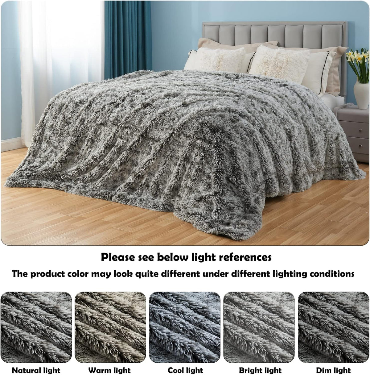 GONAAP Fuzzy Faux Fur Throw Blanket Queen Size Frosty Black Super Soft Cozy Plush Fuzzy Shaggy