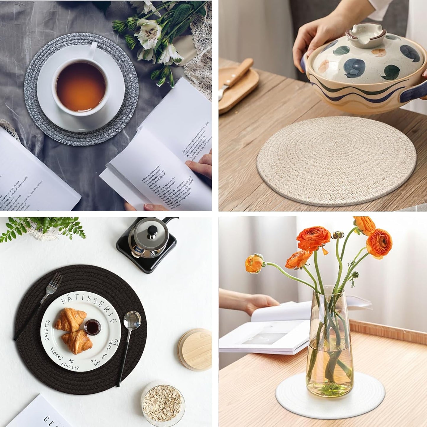 Round Placemats Set of 6, Cotton Rope Woven Table Mats, Hot Pads for Kitchen, Non Slip Heat
