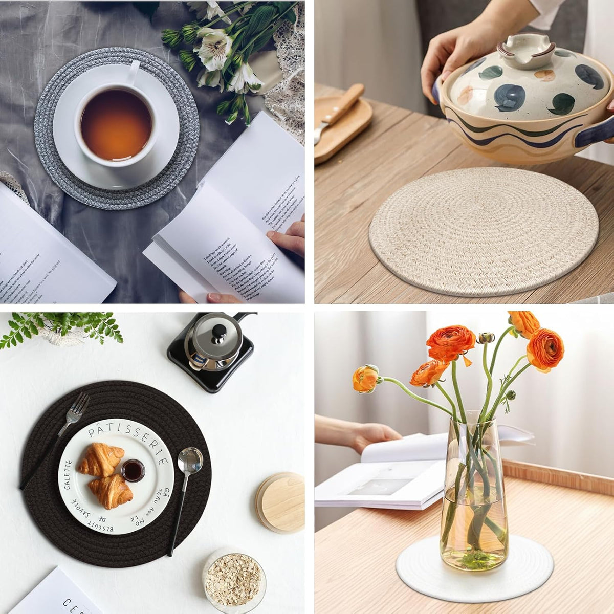 Round Placemats Set of 6, Cotton Rope Woven Table Mats, Hot Pads for Kitchen, Non Slip Heat