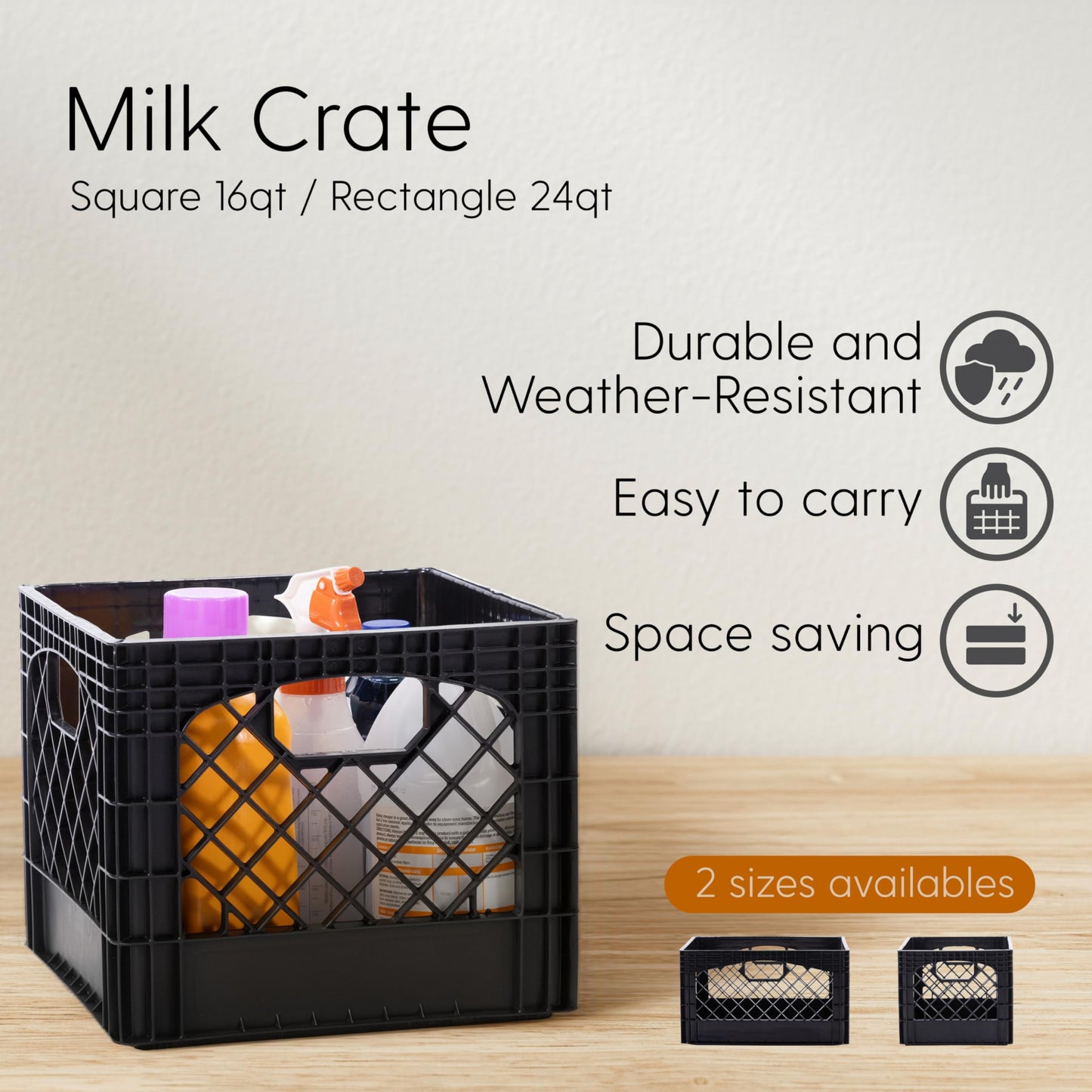 Plastic Milk Crate Storage Tote with Handles, 16-Quart Stackable Cube Organizer for Garage, Home