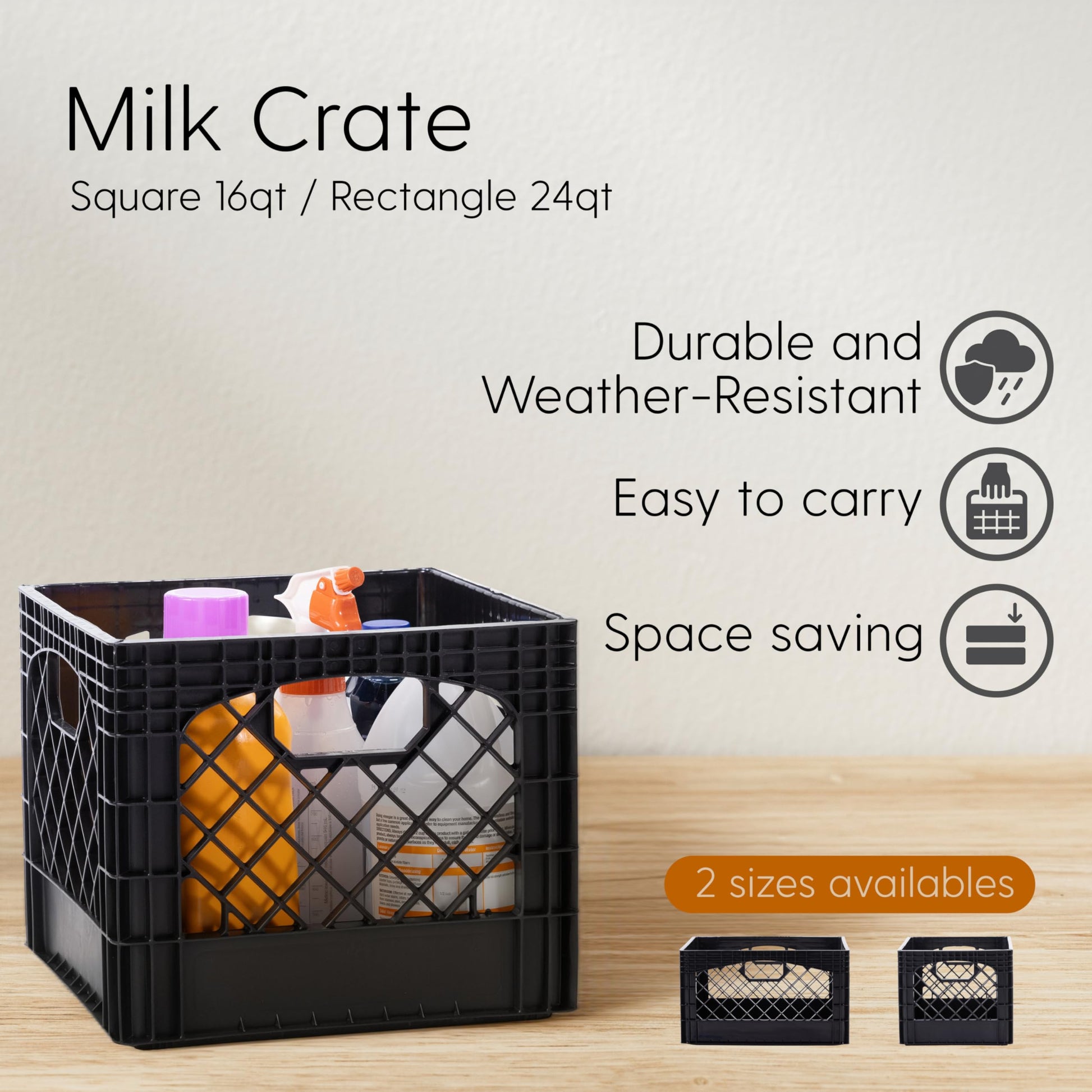 Plastic Milk Crate Storage Tote with Handles, 16-Quart Stackable Cube Organizer for Garage, Home
