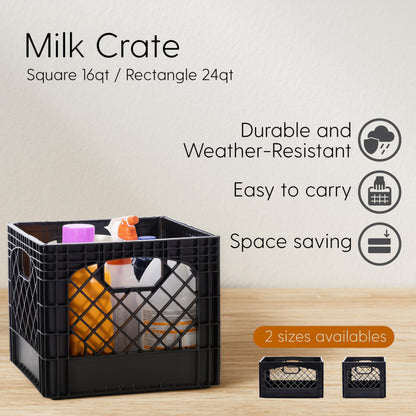 Plastic Milk Crate Storage Tote with Handles, 16-Quart Stackable Cube Organizer for Garage, Home