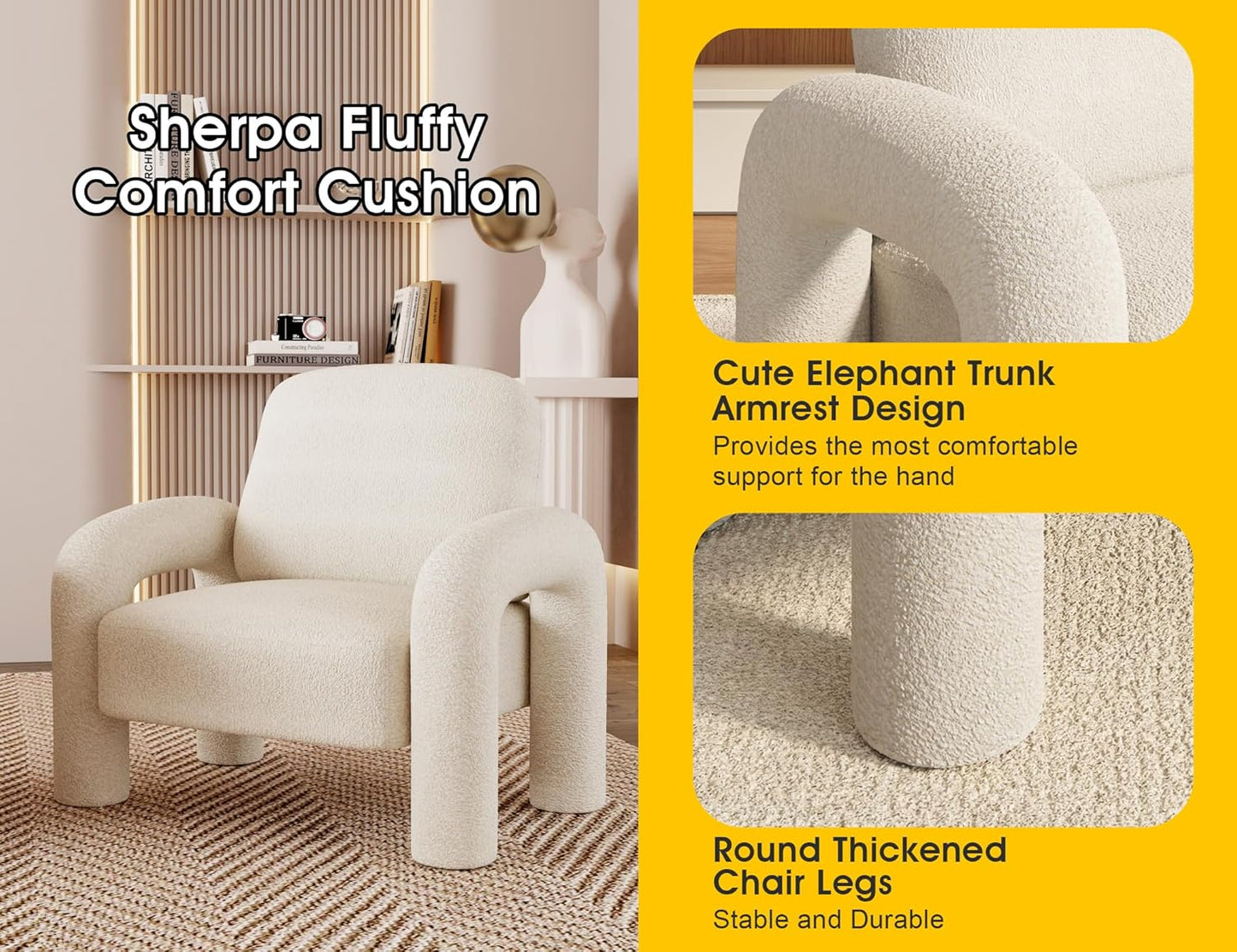 Modern Sherpa Accent Chair, Teddy Upholstered Arm Single Sofa, Cozy Fluffy Reading Chair for Living