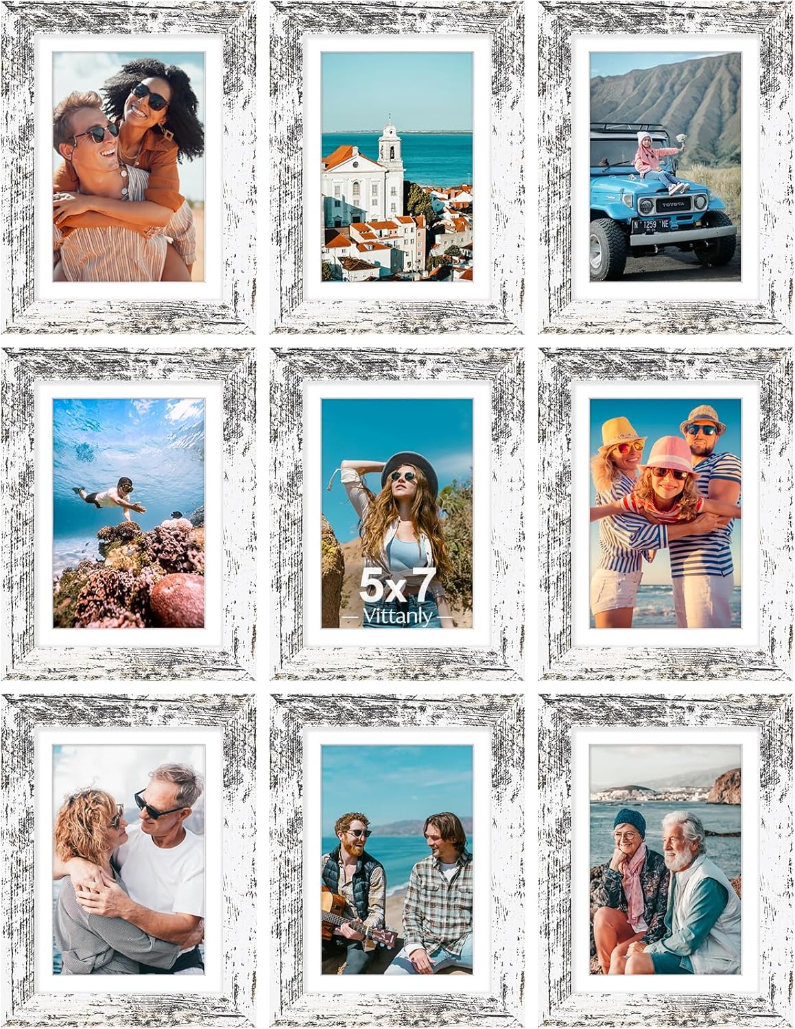 Vittanly 5x7 Picture Frames Set of 9, Shatter Resistant Plexiglass, Display 4x6 Pictures with Mat