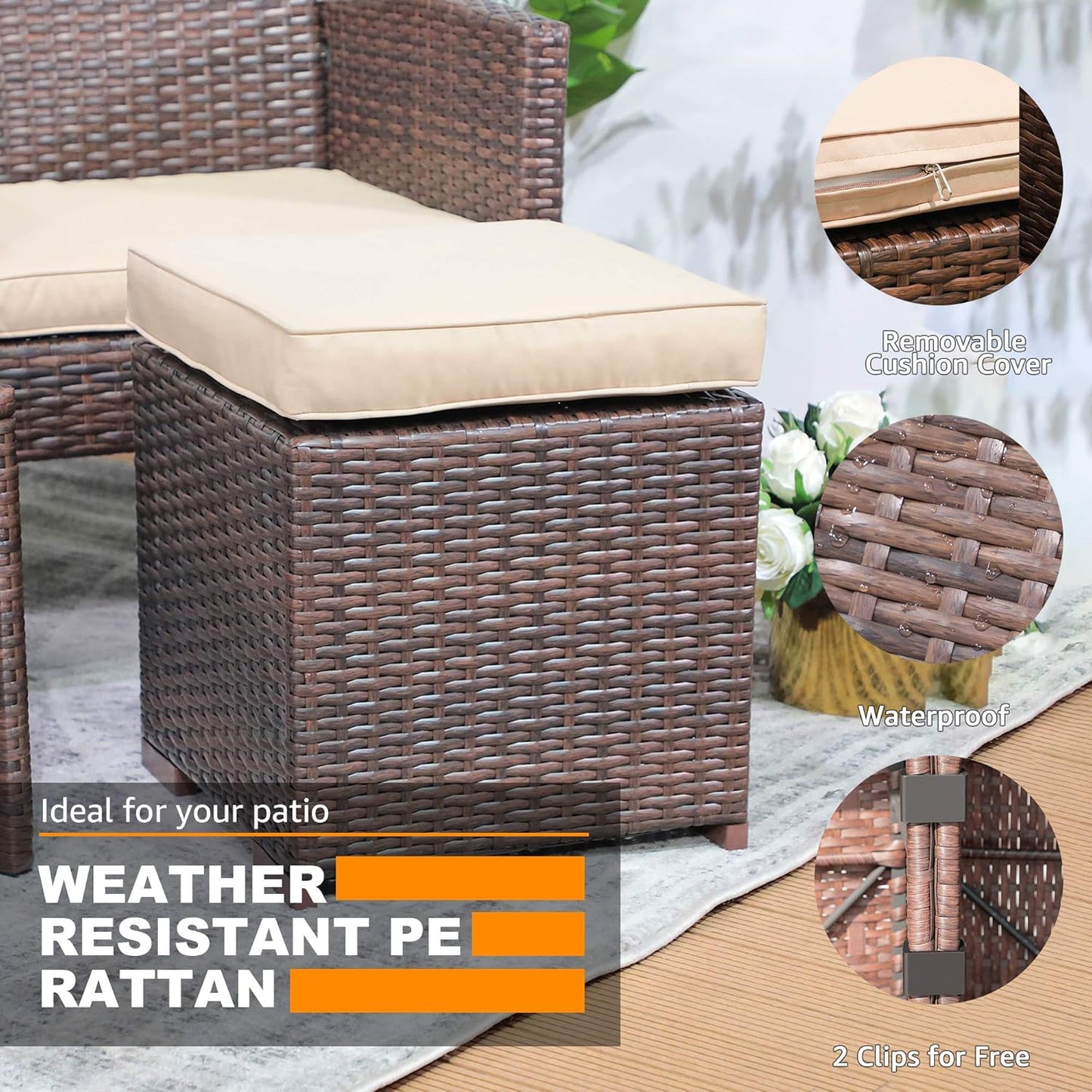 Patiorama 2 Pieces Assembled Outdoor Patio Ottoman, Indoor Outdoor All-Weather Dark Brown Wicker