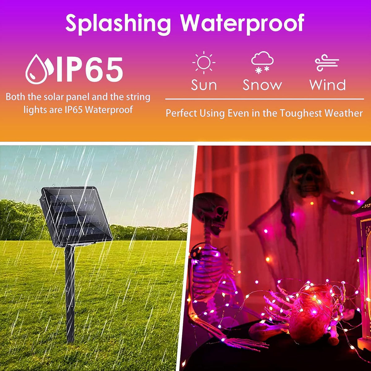 Purple and Orange Halloween Solar String Lights Outdoor, 2 Pack 80FT 200LED Solar Twinkle Lights
