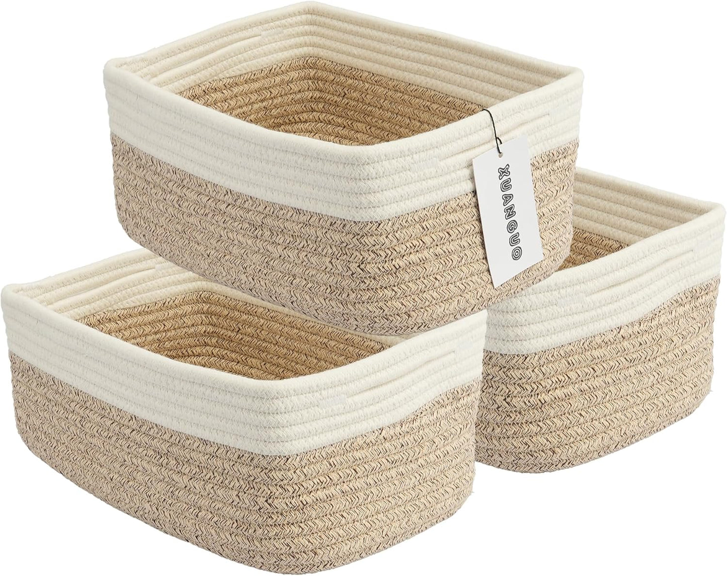 Small Woven Storage Baskets 12“X8”X5“ Decorative Rope Bins for Organizing Shelves, Closets, and