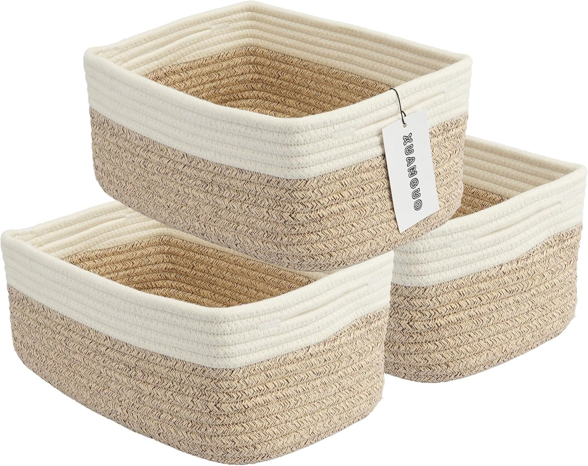Small Woven Storage Baskets 12“X8”X5“ Decorative Rope Bins for Organizing Shelves, Closets, and