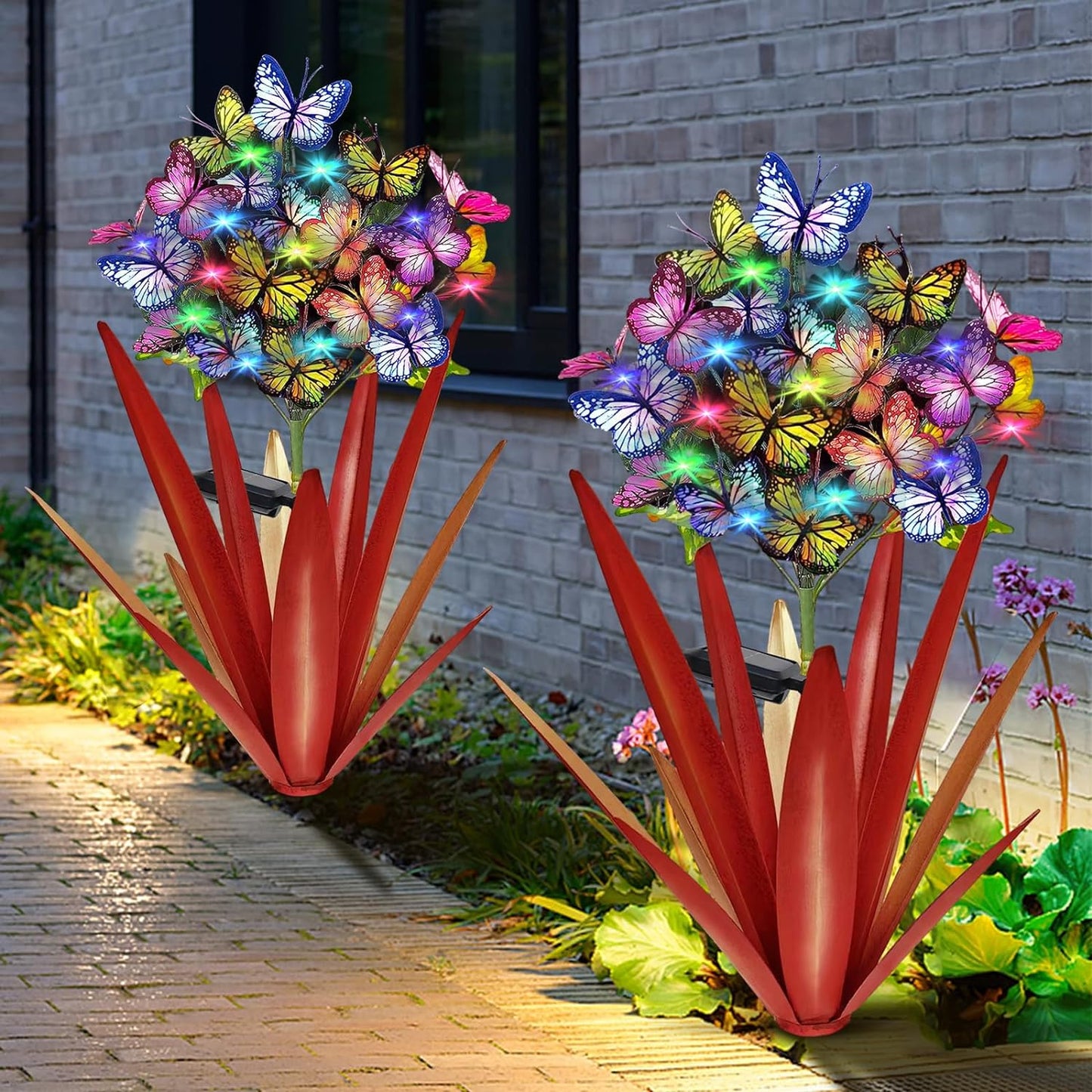 Homight Solar Metal Agave Butterfly Flower Stick Garden Sculpture - Outdoor Christmas Lights