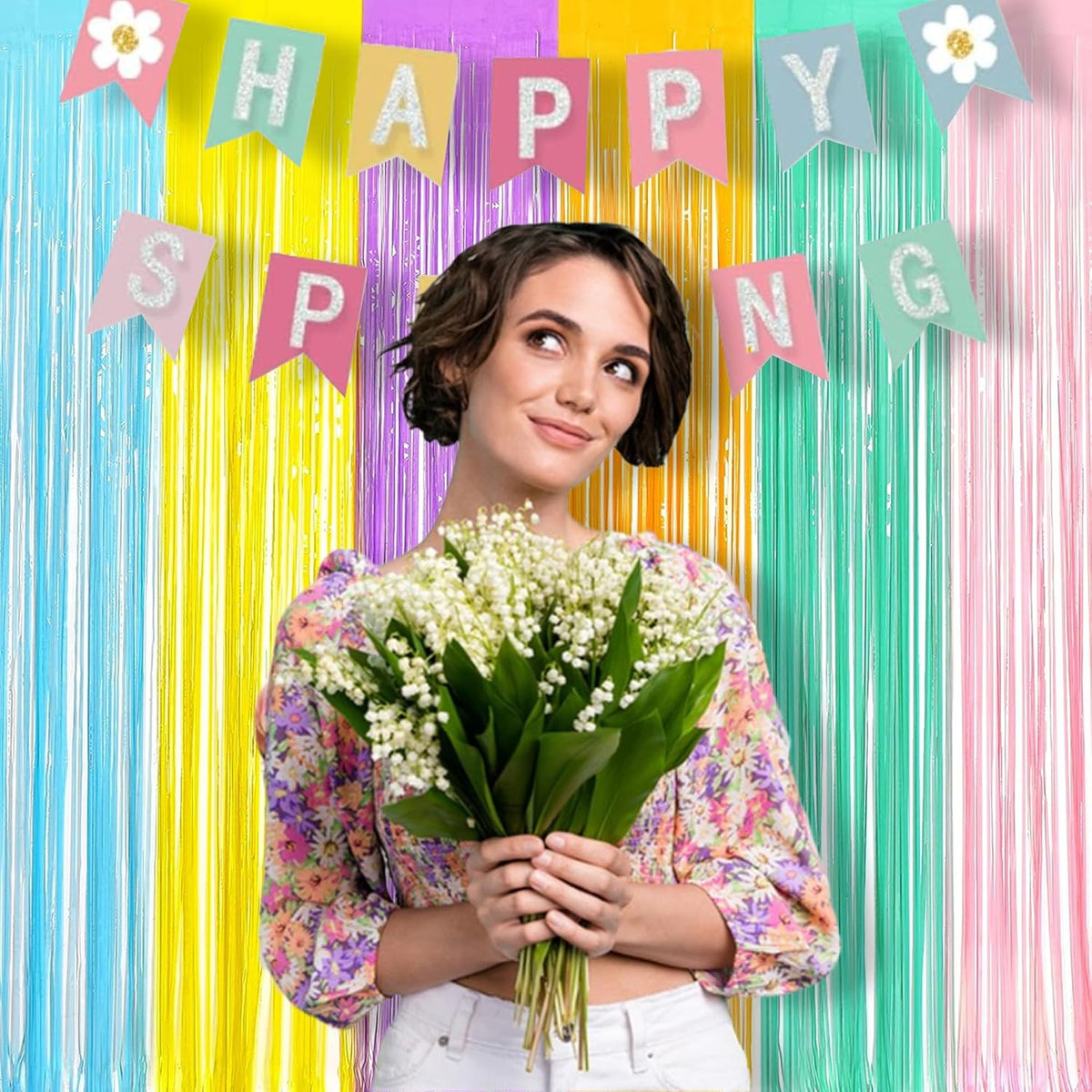 BRAVESHINE Tinsel Foil Fringe Curtains - 2Pcs 3.2x8.2ft Pastel Colourful Photo Backdrop for Sweet