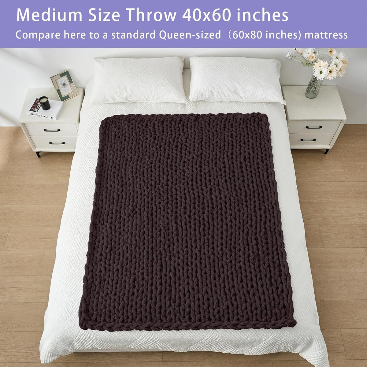 Bigacogo Chunky Knit Throw Blanket for Couch, 40x60 inches, 100% Hand Knitted with Thick Jumbo
