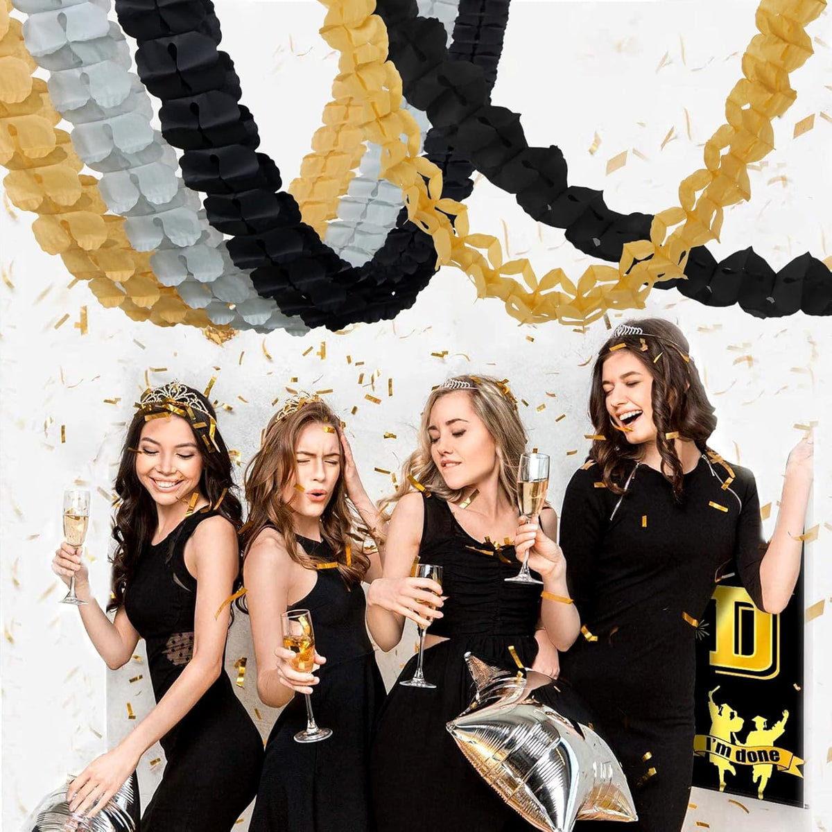 Black-Gold Silver Party-Decorations Streamers Garland - 157Ft Graduation Four-Leaf Clover Hanging