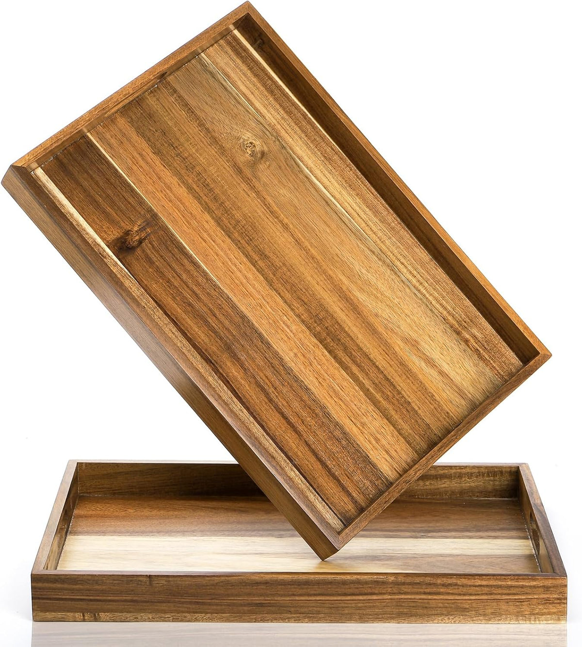 YOUEON 2 Pack Large Acacia Wood Serving Tray with Handles, 17x12 Inch Decorative Wood Trays for