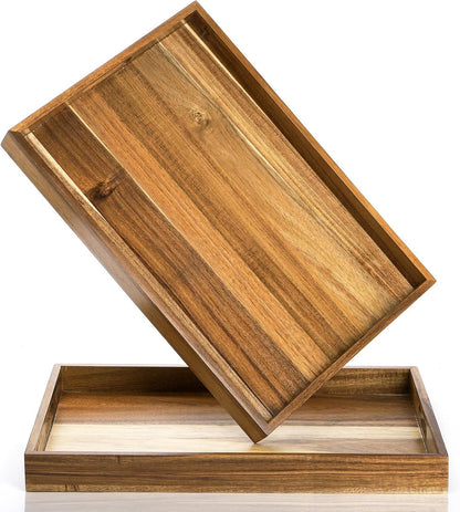 YOUEON 2 Pack Large Acacia Wood Serving Tray with Handles, 17x12 Inch Decorative Wood Trays for