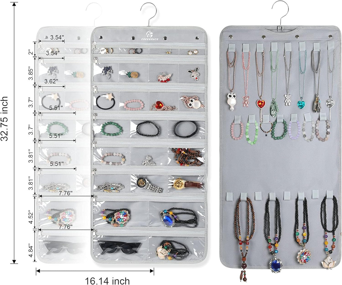 Freegrace Hanging Jewelry Organizer Revolving Hanger - Secure Zipper Closure - 25 Pockets,23 Hooks