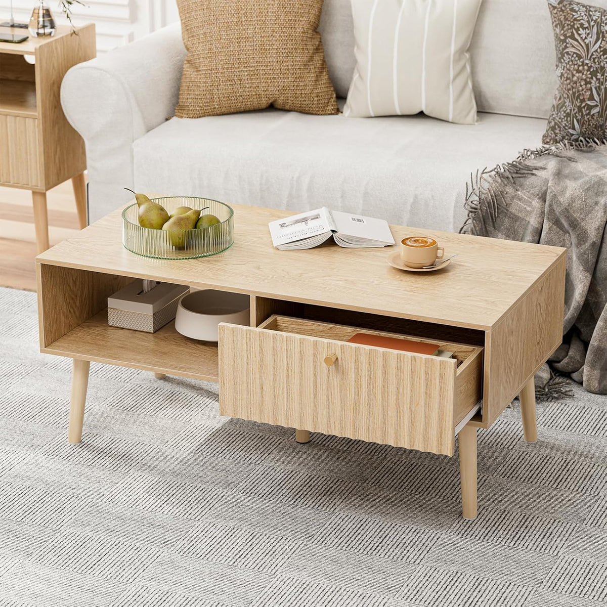 Coffee Table with Storage, Boho Dining Table with Fluted Drawer and Solid Wood Legs, Small Coffee