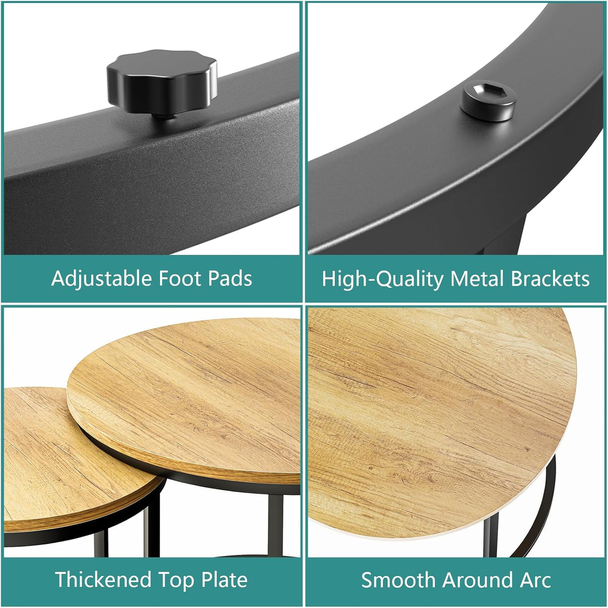 Smuxee Nesting Coffee Table Set of 2, 23.6" Round Coffee Table Brown Wood with Adjustable Non-Slip
