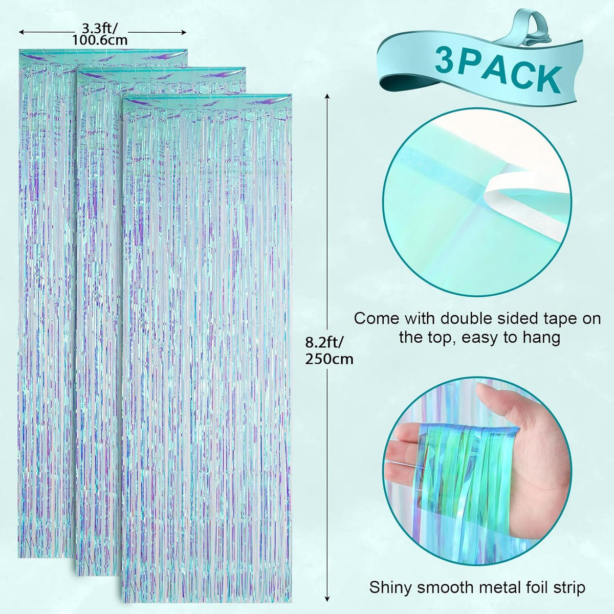 3 Pack 3.3x8.2 Feet Neon Iridescent Foil Fringe Backdrop Curtains, Tinsel Streamers Birthday Party