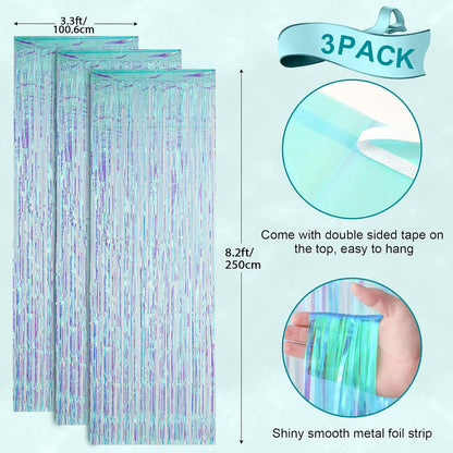 3 Pack 3.3x8.2 Feet Neon Iridescent Foil Fringe Backdrop Curtains, Tinsel Streamers Birthday Party