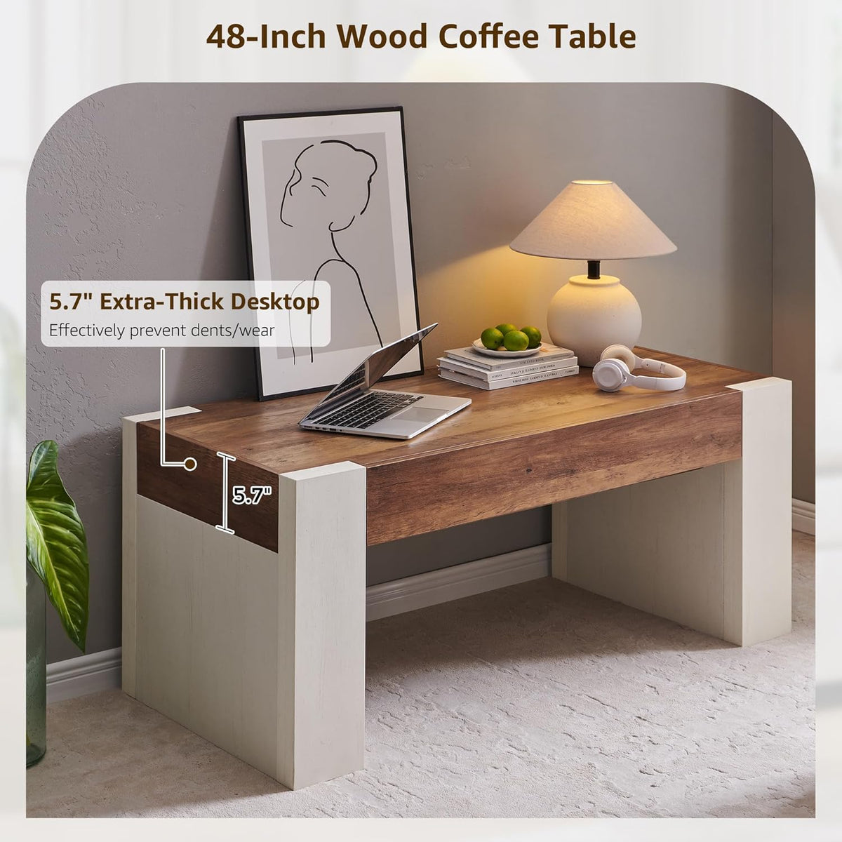 OKD 48" Modern Farmhouse Coffee Table, Wooden Living Room Table with Hidden Storage Drawer, Rustic