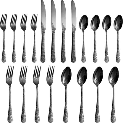 Floral 20 Pcs Black Silverware Set for 4, Food Grade Stainless Steel Flatware Set with Rose Flower
