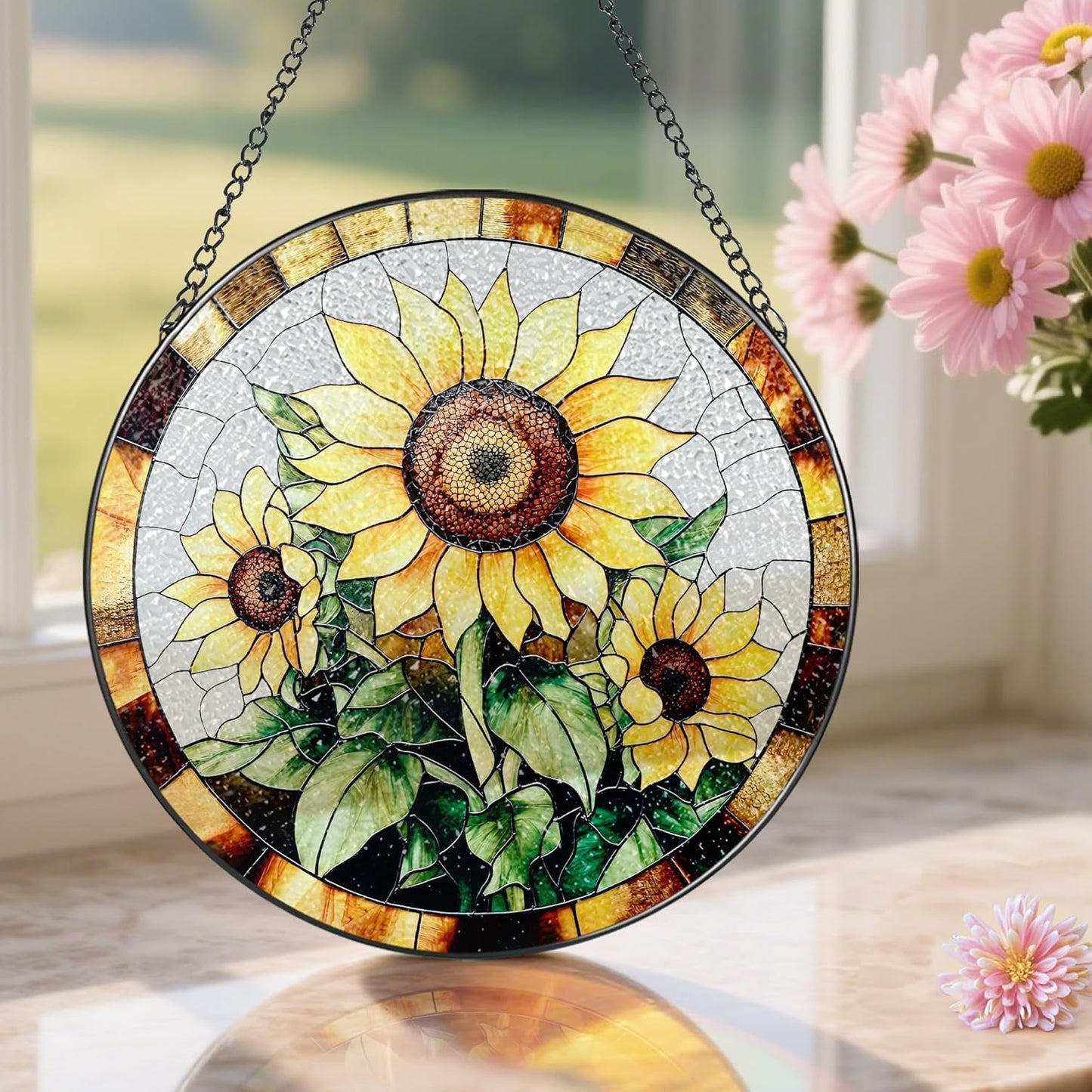 Sunflower Stained Glass Suncatcher, Stained Glass Window Hanging, 8 Inch Sunflower Suncatcher