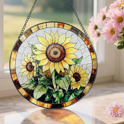 Sunflower Stained Glass Suncatcher, Stained Glass Window Hanging, 8 Inch Sunflower Suncatcher