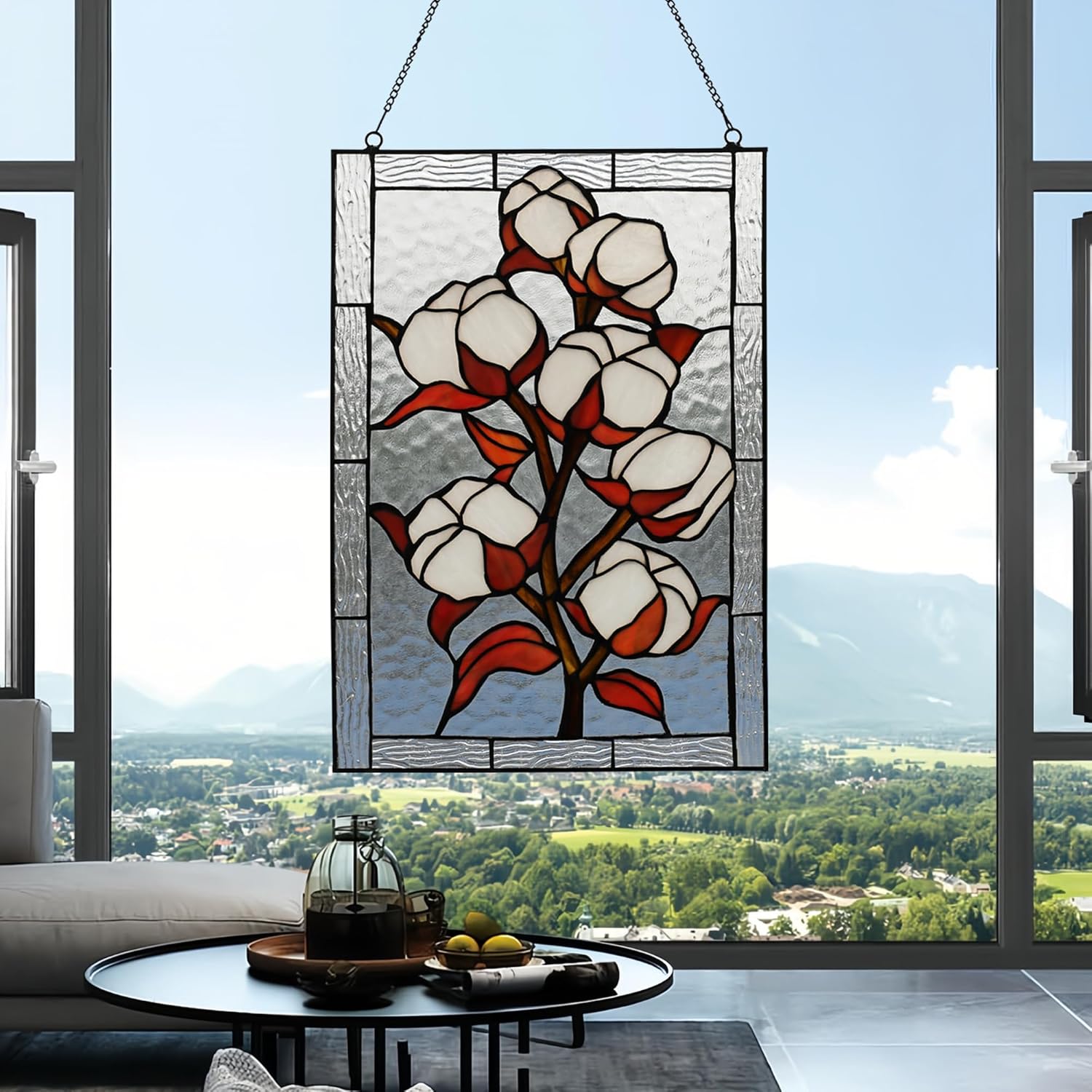YOURANJU Stained Glass Window Hanging 16" H x 11" W Tiffany Style Rectangular Window Panel Suitable