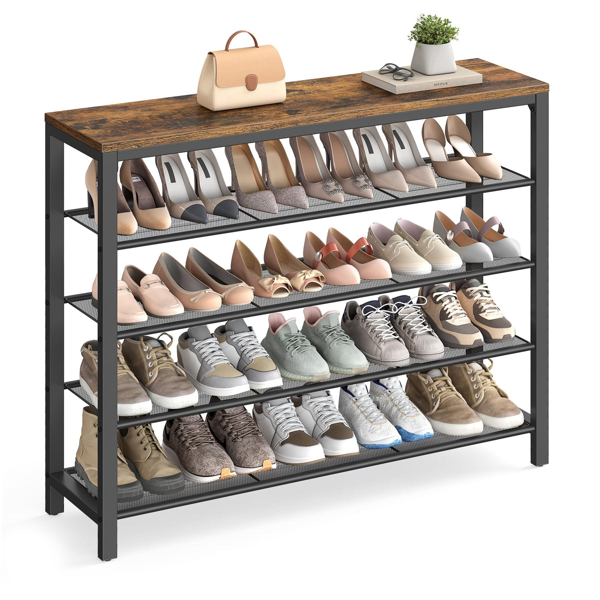 VASAGLE Shoe Rack, 5-Tier Shoe Storage Organizer with 4 Metal Mesh Shelves for 16-20 Pairs and