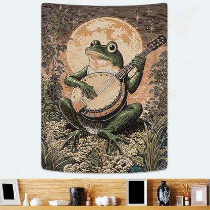 Lunerfex Moonlit Banjo Frog Wall Tapestry, Whimsical Amphibian Musician Tapestries for Room Decor