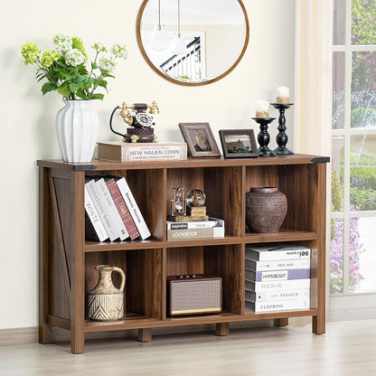 Farmhouse 6 Cube Book Shelf, Wood 3 Tier Storage Organizer Bookshelf, Brown Walnut 47" Horizontal