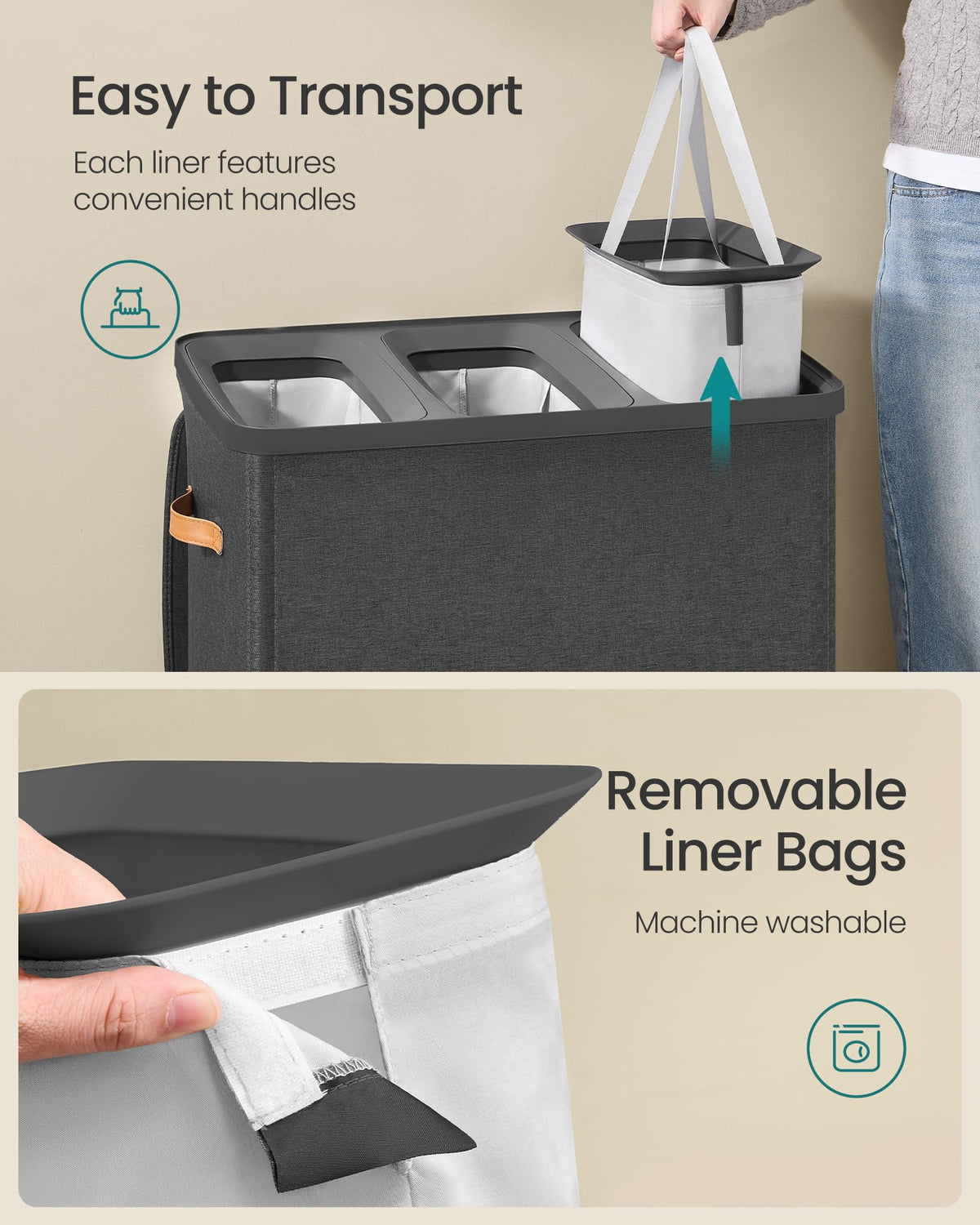 SONGMICS Laundry Basket, 50.2 Gal. Laundry Hamper, 3 Compartments, Easy Assembly, with Lid and