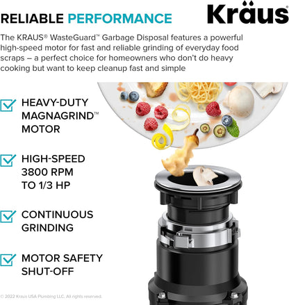 KRAUS WasteGuard 1/3 HP Ultra-Quiet Garbage Disposal with Quick Connect, Kitchen Sink Drain Cover